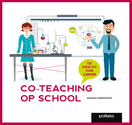 Boekcover Met Een Geïllustreerde Vrouwelijke En Mannelijke Leraar Voor Een Schoolbord En Labtafel, Tekst Co Teaching Op School