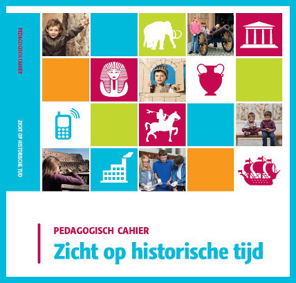 Boekcover Met Raster Van Gekleurde Blokken Met Symbolen En Foto's Die Tijdperken Voorstellen, Titel Zicht Op Historische Tijd