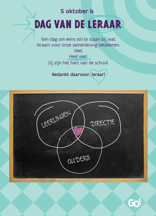 affiche met een bedankingstekst voor onze leraren en een illustratie van een schoolbord met een venndiagram en een hartje