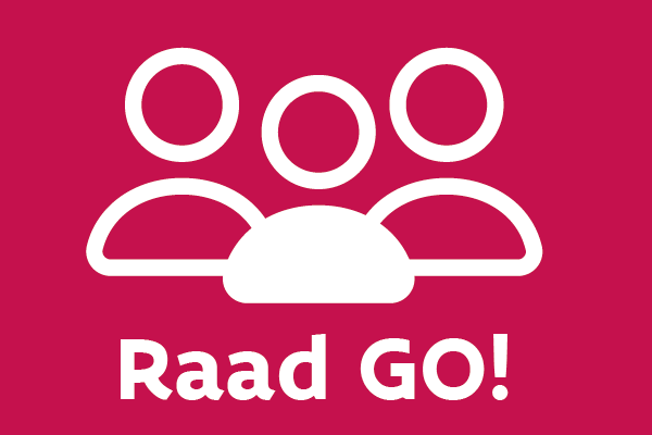 Lijntekening van een groepje van 3 mannetjes met de woorden 'Raad GO!' eronder