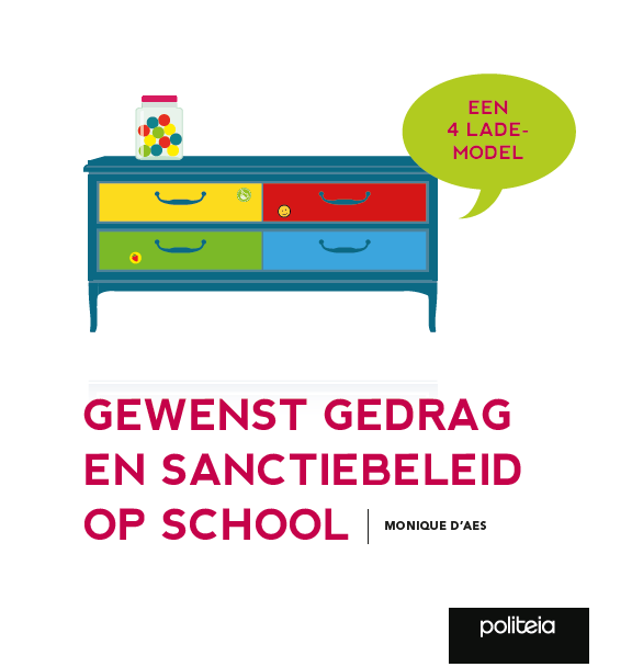 Boekomslag Met Illustratie Van Een Kleurrijke Ladekast, Titel GEWENST GEDRAG EN SANCTIEBELEID OP SCHOOL En Tekstballon EEN 4 LADE MODEL