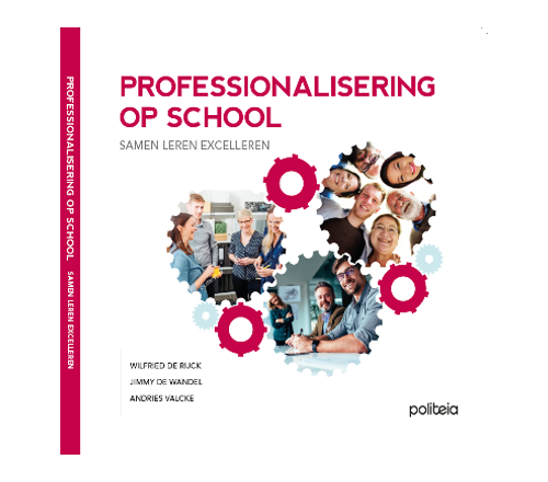 Boekcover Met Titel PROFESSIONALISERING OP SCHOOL, Tandwielen En Foto's Van Lachende Mensen, Auteursnamen Onderaan