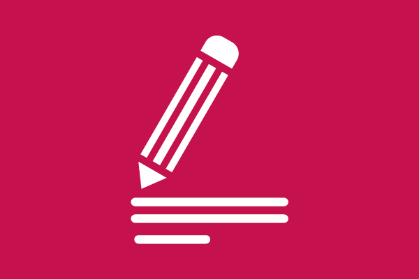 Lijntekening van een potlood dat op een stapeltje papier schrijft