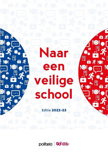 Boekomslag Met Patroon Van School En Veiligheidssymbolen, Titel 'Naar Een Veilige School, Editie 2022 23