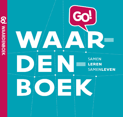 Boekcover Met Grote Witte Letters WAARDENBOEK, GO! Samen Leren Samenleven, En GO! Logo Op Een Turquoise Achtergrond